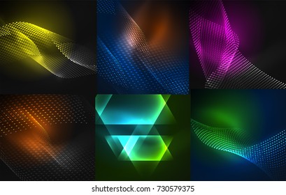 Conjunto de fondos abstractos oscuros con formas geométricas brillantes. Antecedentes de tecnología digital vectorial