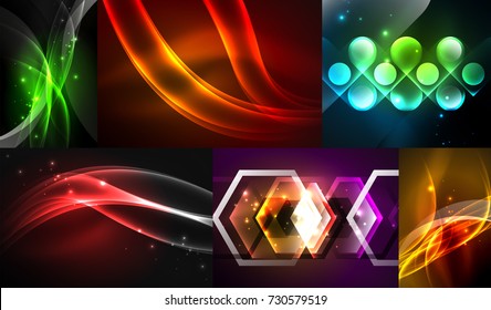 Set of dark abstract backgrounds with glowing geometric shapes. Vector digital technology backgrounds