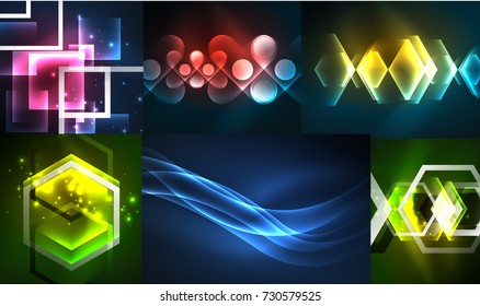 Set of dark abstract backgrounds with glowing geometric shapes. Vector digital technology backgrounds