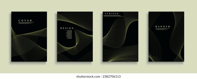 Conjunto de cubiertas de rayas oscuras abstractas, plantillas, fondos, carteles, folletos, pancartas, volantes, etc. Elegantes carteles negros minimalistas - diseño digital futurista. Impresión de líneas verdes de curva