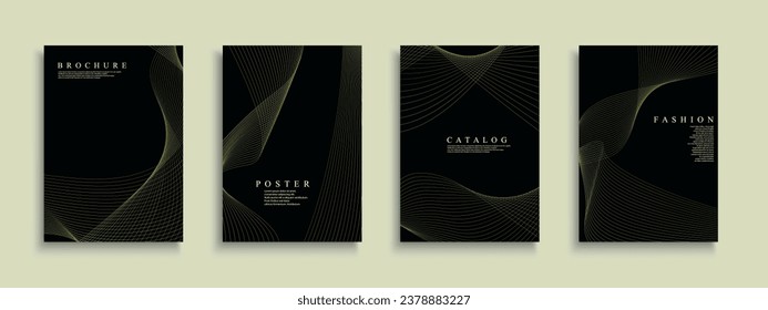 Set of dark abstract striped elegant covers, templates, backgrounds, placards, brochures, banners, flyers and etc. Stylish minimalistic posters - digital futuristic design. Curve green lines print