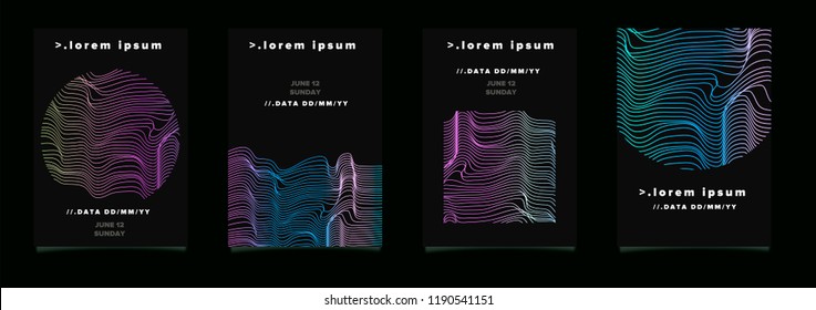 Set Of Dark Abtract Posters For Music Event, Party Invitation. Futuristic Cyberpunk Modern Design With Glitched Neon Lines On Dark Background. 