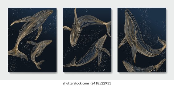 Set of dark art backgrounds with hand-drawn whales in golden line style. Vector posters with whales in the sea for decoration, print, textiles, wallpaper, interior design, packaging.