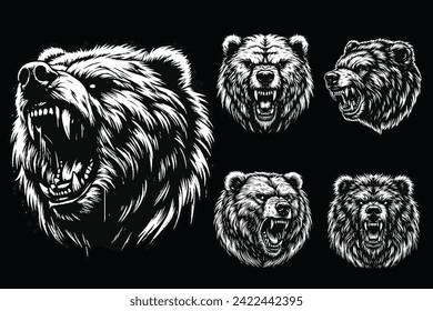 Set Dark Art Bear Beast Animal With Fangs Art Grunge Vintage Style illustration for mech and clothing