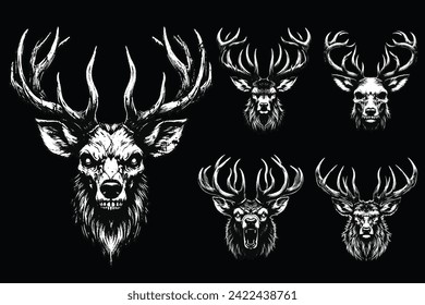 Set Dark Art Deer Stag Beast With Big Horn Animal Skull Horror Vintage Grunge Style illustration for Merch