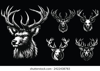 Set Dark Art Deer Stag Beast With Big Horn Animal Skull Horror Vintage Grunge Style illustration for Merch