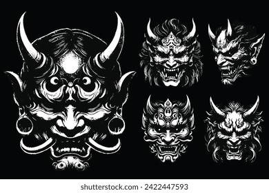 Dibujo de arte oscuro Hannya Mask japonés Oni Devil Oriental Horror arte Grunge Vintage Old School