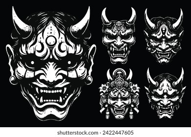 Dibujo de arte oscuro Hannya Mask japonés Oni Devil Oriental Horror arte Grunge Vintage Old School