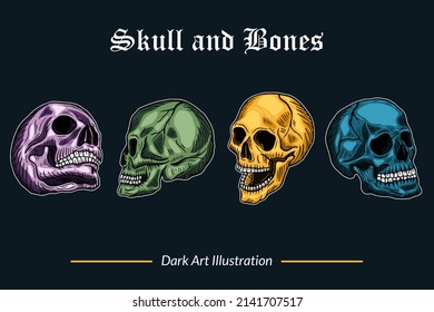 Set Dark Art Skull Head and Bones horror vintage Collection for tattoo and t-shirt hand drawn