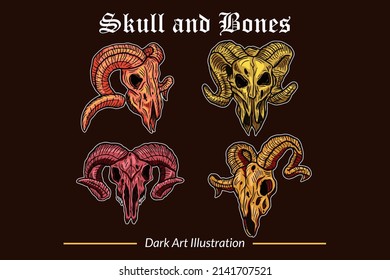 Set Dark Art Skull Head and Bones horror vintage Collection for tattoo and t-shirt hand drawn