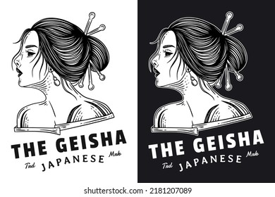 Set Dark Art Women Japanese Geisha Girl Skull Mask Vintage tattoo hand drawn engraving style