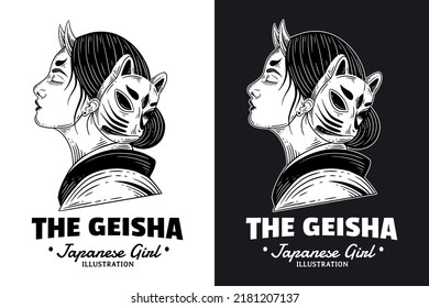Set Dark Art Women Japanese Geisha Girl Skull Mask Vintage tattoo hand drawn engraving style