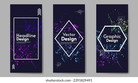 Set of flyer’s. Dark backdrop with bright gradient paint splash and brushes. Design for brochure, invitation, postcard.