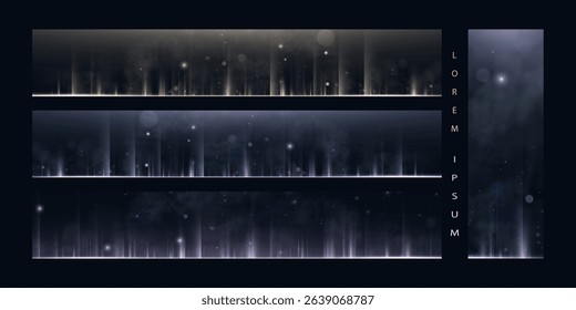 Set of dark backgrounds with vertical glowing lights, soft mist and glimmer effects. 