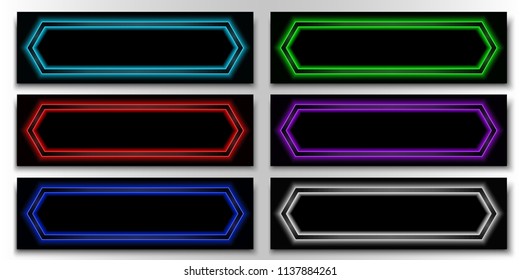 Set of dark banners with different colors neon glowing frames.