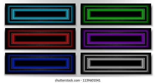 Set of dark banners with different colors neon glowing rectangular frames.