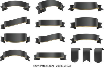 Set of Dark Black Color Ribbons and Tags isolated on white background. 3D Vector Illustration.