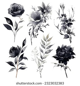Set of dark black floral watecolor. black flower, black leaves. Floral poster, invitation floral. Vector arrangements for greeting card or invitation design