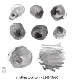 Set of dark black vector watercolor hand painted texture backgrounds isolated on white. Abstract collection of acrylic dry brush splash, strokes, stains, spots, blots. Creative grunge drawing.
