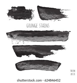 Set of dark black vector watercolor hand painted texture backgrounds isolated on white. Abstract collection of grunge acrylic dry brush splash, strokes, stains, spots, blots, horizontal lines.