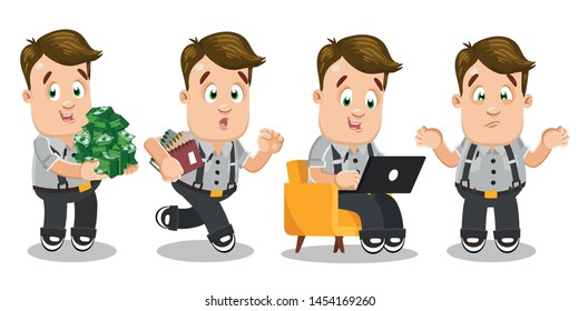 Set of dark blond freelancer man during working day. Joyful businessman keeping lots of money, running with books, typing on laptop sitting in armchair, making helpless gesture. Vector cartoon.