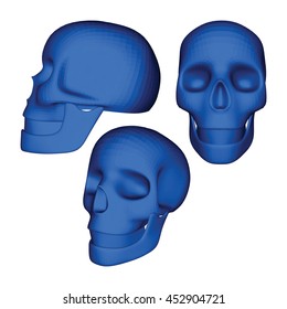 Set of Dark Blue 3D Geometric Skulls on White. Low Poly Realistic Vector Illustration. Collection of Skulls in Different Views.