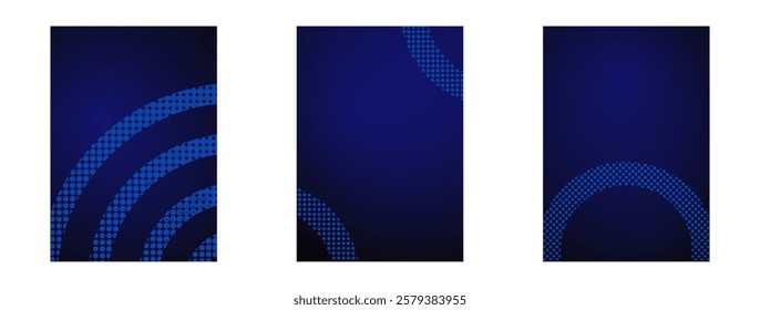 Set of dark blue background patterns with halftone circle design, perfect for branding, web templates, business, or technology. Abstract blue backgrounds, vector illustration.