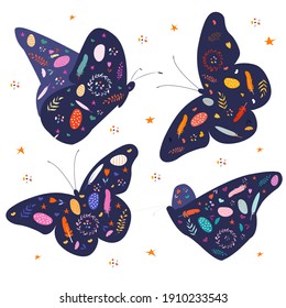 set of dark blue butterflies, moths, insects with small cute elements. Vector illustration in the Scandinavian style, folk art ornament with feathers, eggs, branches, flowers.