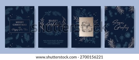 Set of dark blue Christmas and New Year greeting cards with botanical illustrations of pine branches, cones, and twigs. Winter holiday and Christmas celebration concept