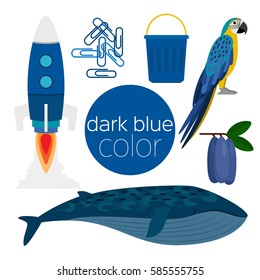 Set of dark blue color items: honeysuckle, rocket, parrot, clips, bucket, whale 