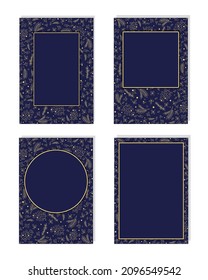 Set of dark blue covers, frames with gold pattern and place for text. Vector illustration, flat minimal design, isolated on white background, eps 10.