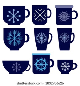 Set of dark blue cups with winter decor, simple light snowflakes on mugs with a hot drink in flat style, vector illustration for design and creativity