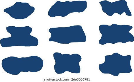 Satz von dunkelblauen, flachen Vektorspotfiguren auf weißem Hintergrund, Satz von verschiedenen Figuren