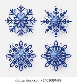 Juego de copos de nieve con brillo azul oscuro. Navidad, símbolo de invierno. Ilustración del vector