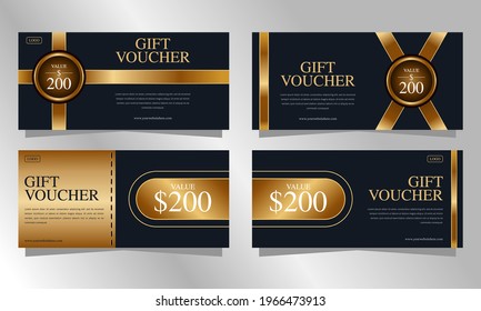 Set of dark blue and gold luxury gift voucher templates, coupon designs, certificates, ticket templates, ready to edit and use.