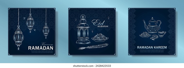 Conjunto de tarjetas de felicitación azul oscuro con plata lineal dibujada a mano Iftari comida, hervidor de agua, cuentas de rosario y tradicionales linternas árabes para el mes sagrado de Ramadán. Plantilla de banners cuadrados de Eid Mubarak