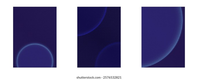 Set of dark blue halftone background patterns with glowing circle design, perfect for branding, web templates, business, or technology. Abstract dotted backdrops in blue tones, vector illustration.