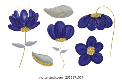 Set Dark blue indigo navy purple flower floral watercolor gold accent sparkle glitters illustration dreamy digital planner sticker wedding invitation element