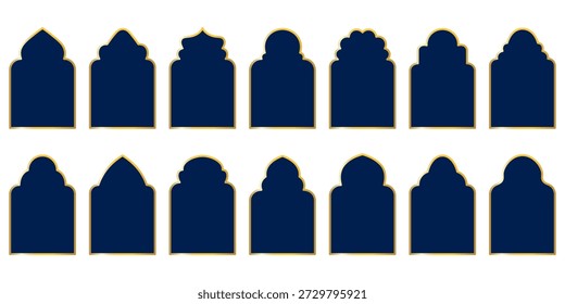 Conjunto de Formas de ventana islámicas de color azul oscuro con techos arqueados y Pequeños agujeros recortados, íconos geométricos simples para motivos arquitectónicos de mezquitas, patrones de Oriente Medio y diseño ornamental. Ilustración vectorial