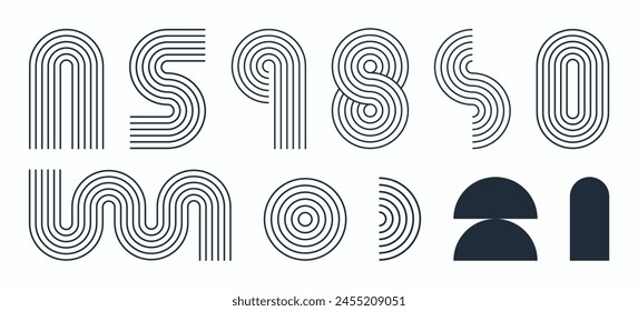 Set of dark blue line boho geometric shape set. abstract pattern, design line art, trendy bohemian style. Contemporary mid century illustration arch and circle