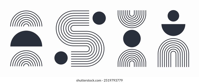 Satz von dunkelblauen Linie boho geometrische Form gesetzt. abstrakte Muster, Design-Linie Kunst, trendige Bohemian Stil. Zeitgenössische Illustration Mitte des Jahrhunderts Bogen und Kreis bauhaus