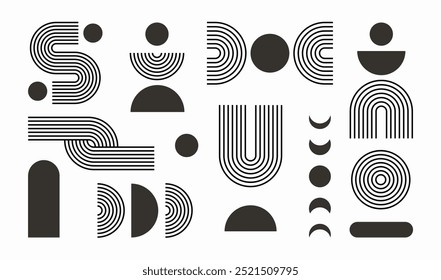 Set of dark blue line boho geometric shape set. abstract pattern, design line art, trendy bohemian style. Contemporary mid century illustration arch and circle bauhaus

