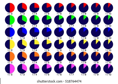 Set of dark blue pie charts with color segment of share. Templates sectoral graphs in flat style. Business data, colorful elements for infographics. Vector