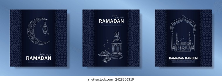 Conjunto de tarjetas de felicitación cuadradas de Ramadán Kareem azul oscuro con la mano dibujado lineal de plata Mezquita, luna creciente, linterna árabe, fechas, rosario musulmán cuentas de oración. Plantilla de banners de Eid Mubarak