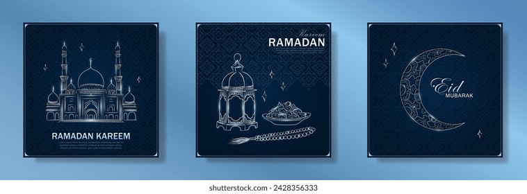 Conjunto de tarjetas de felicitación cuadradas de Ramadán Kareem azul oscuro con la mano dibujado lineal de plata Mezquita, luna creciente, linterna árabe, fechas, rosario musulmán cuentas de oración. Plantilla de banners de Eid Mubarak