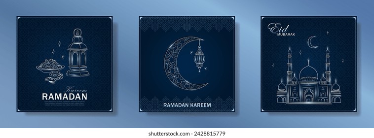 Conjunto de tarjetas de felicitación cuadradas de Ramadán Kareem azul oscuro con la mano dibujado lineal de plata Mezquita, luna creciente, linterna árabe, fechas, rosario musulmán cuentas de oración. Plantilla de banners de Eid Mubarak