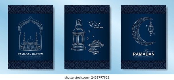 Set of dark blue Ramadan Kareem vertical greeting cards with hand drawn linear silver Mosque, crescent moon, Arabic lantern, dates, Muslim rosary praying beads. Template of Eid Mubarak outline banners