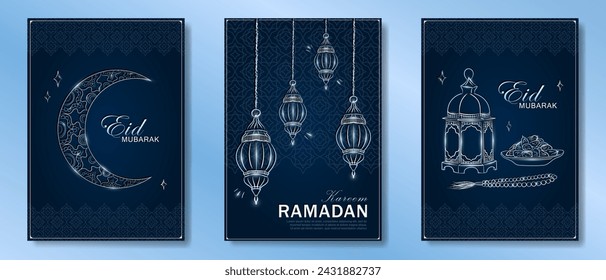 Set of dark blue Ramadan Kareem vertical greeting cards with hand drawn linear silver crescent moon, Arabic lanterns, dates, Muslim rosary praying beads. Template of Eid Mubarak outline banners