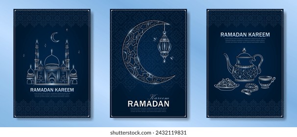 Set of dark blue Ramadan Kareem vertical greeting cards with hand drawn linear silver Mosque, crescent moon, Arabic lantern, dates, Muslim rosary praying beads. Template of Eid Mubarak outline banners