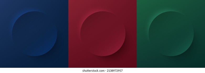 Set of dark blue, red and dark green circle board frame design. Abstract realistic 3D pedestal scene for product display in top view design. Collection of luxury geometric background with copy space.